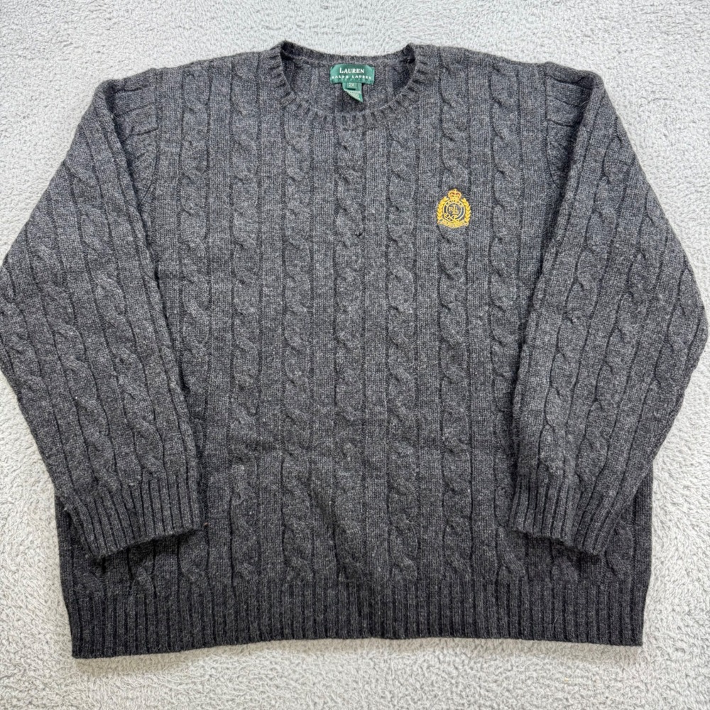 Lauren Ralph Lauren Womens 2X Charcoal Gray 100% Lambswool Cable Knit Sweater